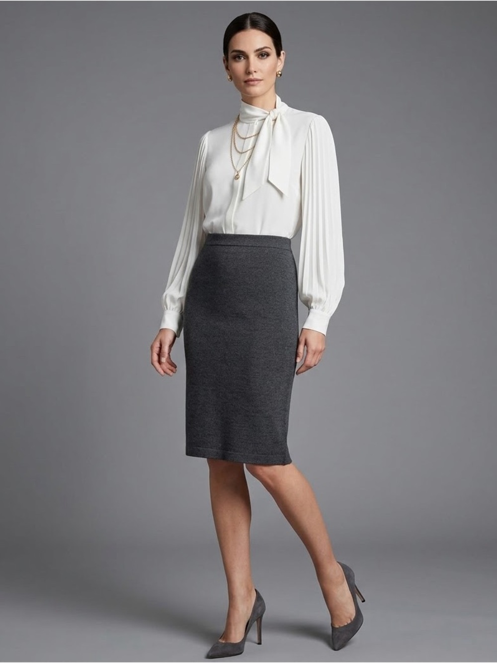 St John Collection Marie Gray Santana Knit Midi Skirt Gray Womens 14 USA